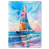 Colorful Sailboat Watercolor Painting with Ocean Reflections and Flying Birds Under Sunset Sky on Ready to Hang 1.5" Thick Canvas Wrap, Floating Framed Canvas, Flat Rolled Canvas
